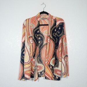 Neiman Marcus Orange Paisley Cashmere‎ Open Cardigan Size Small